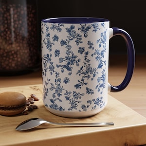 Blue Floral Coffee Mug, Toile de Jouy Ceramic Cup image 6