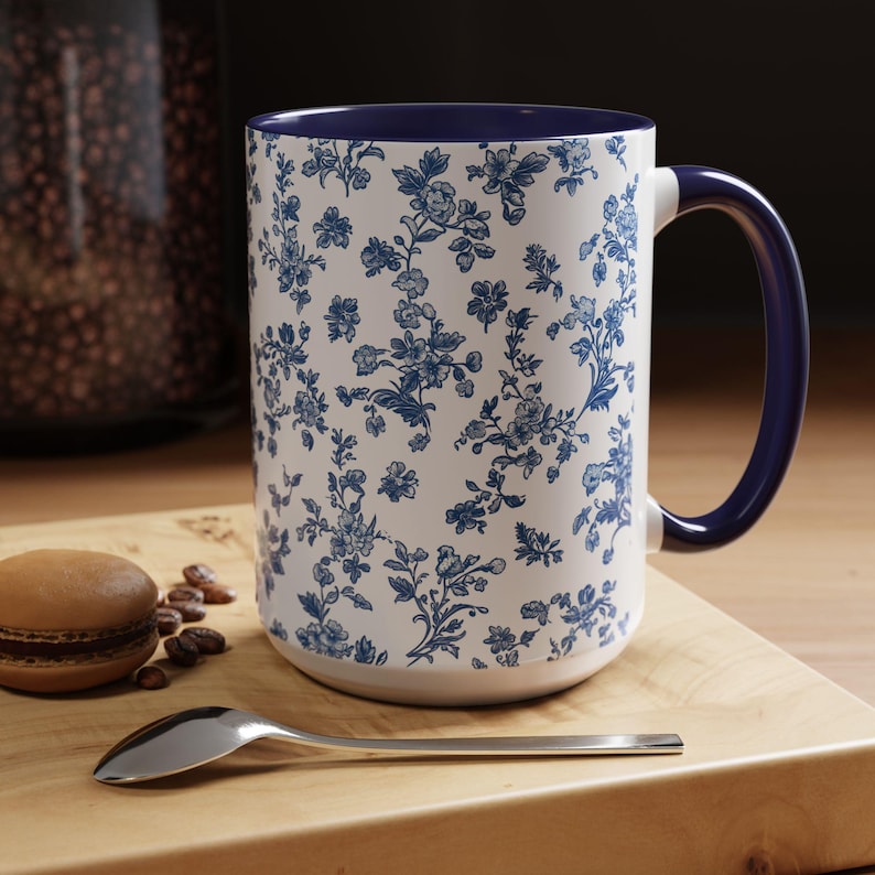 Blue Floral Coffee Mug, Toile de Jouy Ceramic Cup image 6