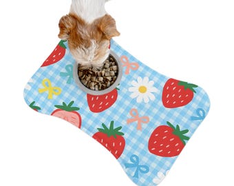 Bows & Strawberries Pet Feeding Mat for Dog Bowl Food PlaceMat furry friends gift housewarming or birthday gift new pet puppy gift accessory