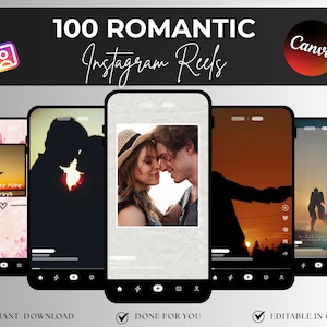 Puede incluir: Una maqueta de producto digital con cinco teléfonos inteligentes que muestran imágenes románticas. El texto superior dice "100 ROMANTIC Instagram Reels". Las imágenes incluyen parejas, siluetas y escenas de atardeceres. El logotipo de Canva es visible. El texto inferior incluye "Descarga instantánea".