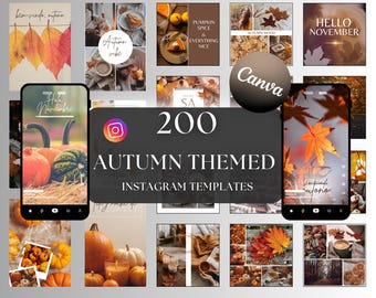 Peut inclure: Un collage de modèles Instagram sur le thème de l'automne. L'image centrale affiche le texte "200 AUTUMN THEMED INSTAGRAM TEMPLATES" avec un logo Canva. D'autres images incluent des citrouilles, des feuilles d'automne et du texte comme "Hello November".