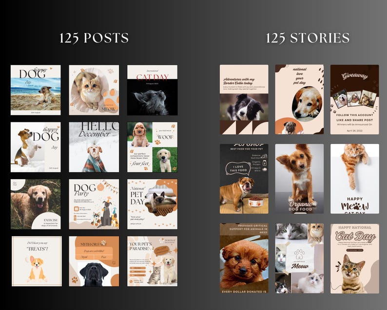 May include: A collage of images featuring dogs and cats. The images are arranged in a grid pattern and include various breeds, poses, and activities. The text "125 Posts" and "125 Stories" appears at the top of the collage.