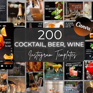 200 Cocktail Bar Beer Wine Instagram Templates: (Canva Editable Social Media Bundle)