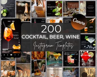 200 modèles Instagram de bar à cocktails, de bière, de vin : (ensemble de réseaux sociaux modifiables Canvas)