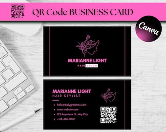 Plantilla de tarjeta de presentación con código QR para peluqueros: Canva rosa y negro (Descarga digital)