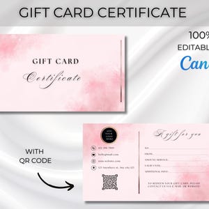 Plantilla de tarjeta de regalo de doble cara, plantilla de tarjeta de regalo imprimible, Canva rosa, código QR editable, diseño de vale de regalo, cupón de regalo elegante