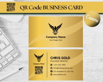 Luxury Gold QR Code Business Card Template: DIY Canva Design