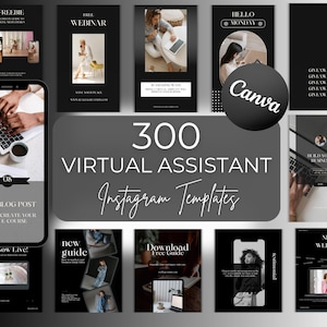 Könnte beinhalten: Eine Sammlung von 300 Instagram-Vorlagen für virtuelle Assistenten in Schwarz und Weiß. Die Vorlagen enthalten Texte wie "Freebie", "Webinar", "New Blog Post" und "New Website". Das Canva-Logo ist ebenfalls sichtbar.