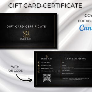 Plantilla de tarjeta de regalo de doble cara, plantilla de tarjeta de regalo imprimible, Canva, diseño de vale de regalo con código QR editable en negro y dorado, cupón de regalo elegante