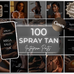 Puede incluir: Un collage de imágenes que promocionan servicios de bronceado en spray. La imagen central muestra "100 Spray Tan Instagram Posts" con el logotipo de Canva. Otras imágenes muestran herramientas de bronceado, resultados y texto como "Mega Sale -70%" y "Free Canva Course."