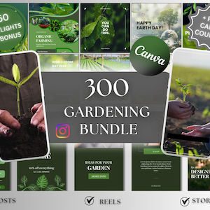 Op de afbeelding: Een verzameling social media-sjablonen voor tuinieren, met groene en witte ontwerpen. De afbeelding bevat de tekst "300 Gardening Bundle" en "+50 Highlights as Bonus". De sjablonen zijn voor berichten, reels en stories.
