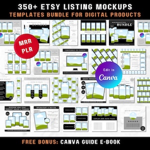 Paquete de más de 350 plantillas editables de maquetas de listados de Etsy en Canva con derechos de reventa, plantillas de maqueta listas para usar, MRR y PLR incluidos.