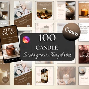 Op de afbeelding: Een verzameling van 100 Instagram-sjablonen voor kaarsenbedrijven. De sjablonen bevatten een verscheidenheid aan ontwerpen, waaronder kaarsen, herfstbladeren en de tekst "Give Away" en "Candle Making Workshop".