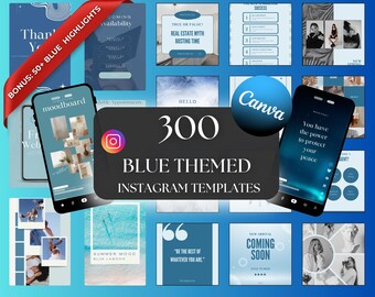 Blaue Instagram Vorlagen: 300 Posts, Stories, Highlights (Canva Editierbar)