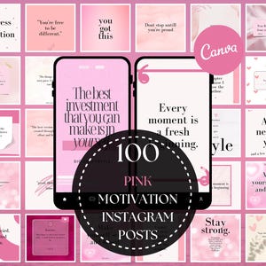 May include: A collage of 100 pink motivational Instagram post templates with quotes such as "The best investment that you can make is in yourself" and "Every moment is a fresh beginning".