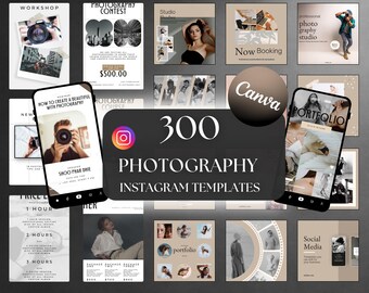 May include: A collection of 300 photography Instagram templates. The image features various promotional graphics, including workshop and contest announcements, portfolio examples, and booking information. The templates are designed for photographers and social media marketing.