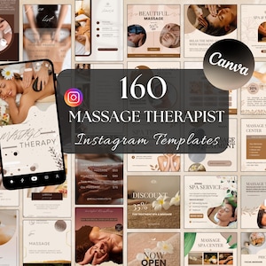 Op de afbeelding: Een verzameling van 160 Instagram-sjablonen voor massagetherapeuten. De sjablonen bevatten een verscheidenheid aan ontwerpen, waaronder afbeeldingen van mensen die massages krijgen, spabehandelingen en massagegereedschap. De sjablonen zijn ontworpen om massagetherapeuten te helpen hun bedrijf te promoten en contact te maken met potentiële klanten.