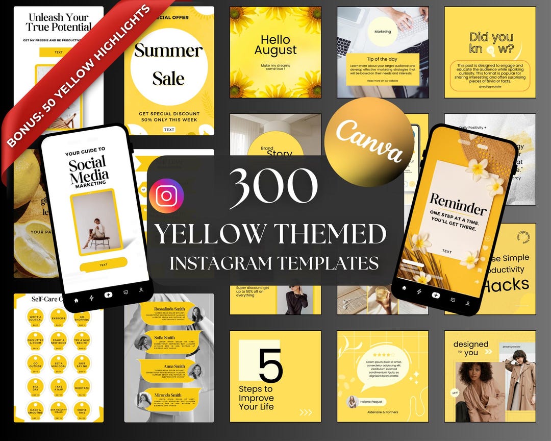 Yellow Instagram Templates: 300 Editable Posts & Stories (canva) - Etsy