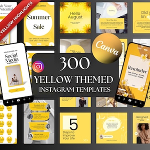 300 Modelos de Instagram com Tema Amarelo Postagens do Instagram Pacote de Modelos de Histórias do Instagram Modelos de Carrossel Editáveis Postagens do Instagram Amarelo
