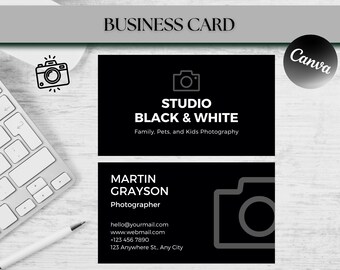 Fotografie Visitenkarten Template: Elegantes Schwarz, DIY Canvas Design (Digitaler Download)