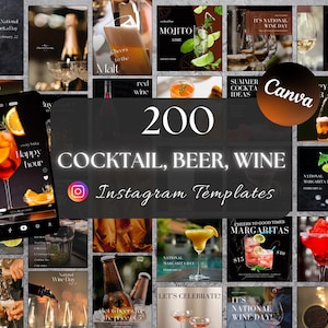 200 Modelos de Coquetéis Modelos de Bar do Instagram Postagens Editáveis de Bar de Coquetéis Modelos de Cerveja Modelos de Postagens de Vinho no Instagram Pacote de Mídia Social