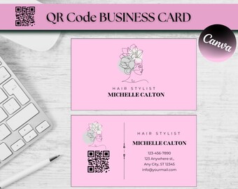 Rosa Hair Stylist Visitenkarte Template mit QR Code (DIY Canva)