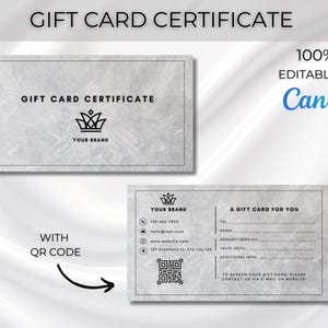 Plantilla de tarjeta de regalo de doble cara, plantilla de tarjeta de regalo imprimible, Canva gris, código QR editable, diseño de vale de regalo, cupón de regalo elegante