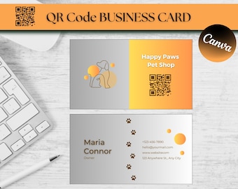 Haustier Shop Visitenkarte Vorlage: QR-Code orange Pfotenabdrücke (DIY Canva)