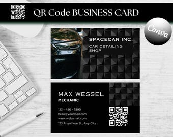 Car Shop QR Code Business Card Template: Elegant Black Design (DIY Canva)