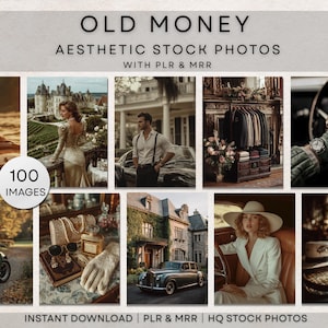 Könnte beinhalten: Eine Sammlung ästhetischer Stockfotos mit dem Text "OLD MONEY" und "AESTHETIC STOCK PHOTOS WITH PLR & MRR". Die Bilder zeigen verschiedene Szenen, darunter eine Person in einem Boot, eine Frau in einem Kleid und ein Oldtimer.