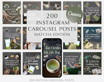 200 Matcha Edition Karussell-Vorlagen für Instagram, Matcha-/grünes Ästhetik-Thema (Einfach in Canva bearbeitbar)