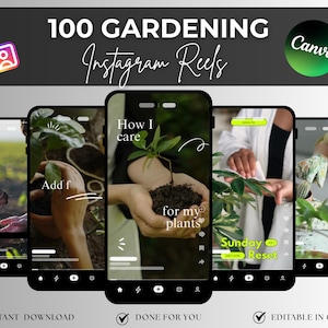 以下が含まれることがあります： デジタル製品の広告で、ガーデニングをテーマにしたInstagramリールを表示する5つのスマートフォン画面が特徴です。「100 GARDENING Instagram Reels」というタイトルとCanvaのブランド名が表示されています。画面には「How I care for my plants」や「Sunday Reset」などのテキストが表示されています。