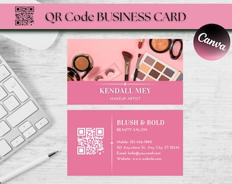 Rosa Makeup Artist Visitenkarte Template: QR Code, DIY Canva Design (Digitaler Download)