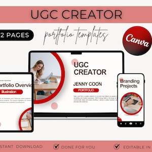 May include: A digital marketing portfolio template for UGC creators, displayed on a laptop, tablet, and smartphone. The design features a red and white color scheme with the text "UGC CREATOR" and "Canva". The template includes 12 pages and is instantly downloadable.