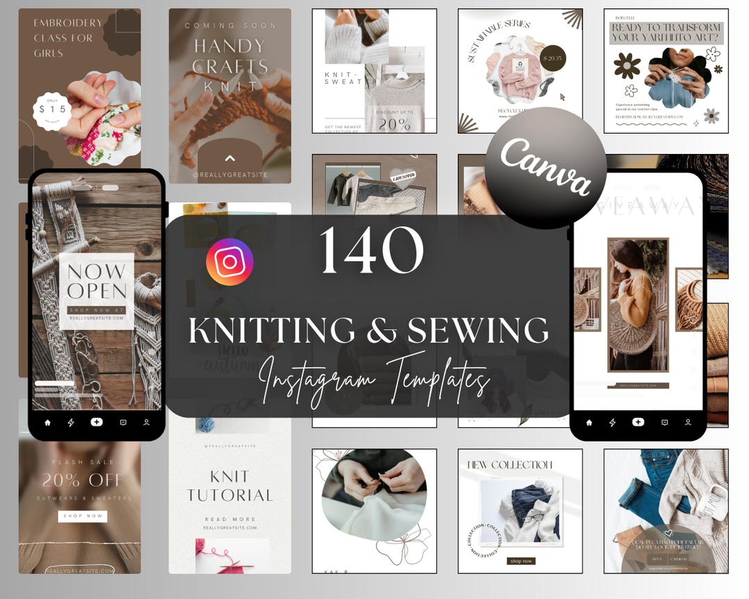 Knitting & Sewing Instagram Templates, 140 Neutral Posts (canva) - Etsy