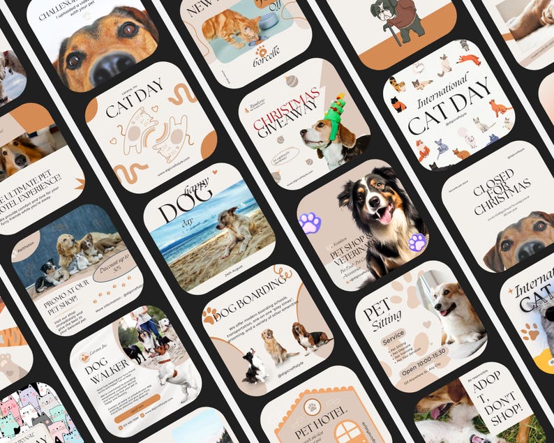 May include: A collage of social media posts promoting a pet hotel and services. The posts feature images of dogs and cats, and text such as "Pet Hotel", "Dog Boarding", "Pet Sitting", "Dog Walker", "International Cat Day", and "Closed for Christmas".