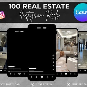 100 carretes de bienes raíces, carretes de diseño de interiores, carretes de propiedades, venta de apartamentos, venta de casas, carretes de bienes raíces, plantilla de Canva, marketing inmobiliario