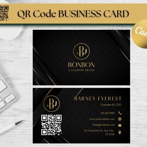 QR-code visitekaartje zwart sjabloon luxe visitekaartje DIY visitekaartje sjabloon elegant visitekaartje dubbelzijdig visitekaartje goudkleurig