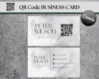 QR-Code Visitenkarte Template: Graues Minimalistisches Design (Canva)