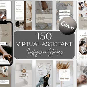 May include: A collection of 150 Virtual Assistant Instagram Stories templates. The design features a neutral color palette with text overlays, including "Online Class" and "Canva." The image showcases various digital marketing and social media design elements.