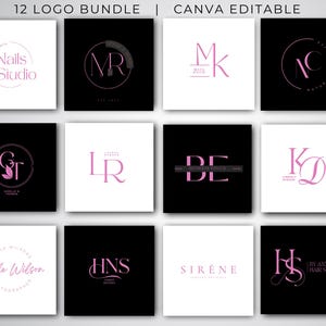 Puede incluir: Un conjunto de 12 diseños de logotipos en rosa y negro. Los logotipos presentan varias combinaciones de letras y diseños, incluyendo un logotipo de salón de manicura, un logotipo de fotografía y un logotipo de salón de belleza.