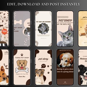 May include: A collage of nine images promoting pet shops and services. The images feature various breeds of dogs and cats, with text overlays such as "Pet Shop & Grooming", "Pet Food & Accessories Up to 50% Off", "National Puppy Day", and "Life is Better with a Friend".