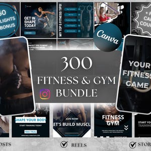 May include: A digital fitness bundle advertisement with a dark theme. The image features the text "300 Fitness & Gym Bundle" and includes graphics for posts, reels, and stories. Additional text includes "Get in Shape Today" and "Your Fitness Game".