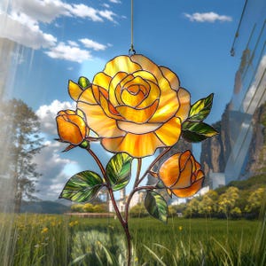 Atrapasol de rosas amarillas en flor para ventana: vitral floral para decorar la primavera