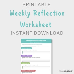 Könnte beinhalten: Ein druckbares wöchentliches Reflexionsarbeitsblatt mit dem Text "Weekly Reflection Worksheet" in Türkis und den Worten "Instant Download". Das Arbeitsblatt enthält Abschnitte für Erfolge, Herausforderungen, gelernte Lektionen und Dankbarkeit.