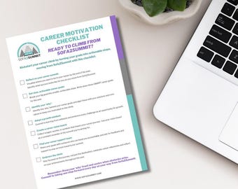 May include: A checklist titled "Career Motivation Checklist: Ready to Climb from Sofa2Summit?" with a purple and teal colour scheme. The checklist includes steps to help you kickstart your career climb by turning your goals into actionable steps.