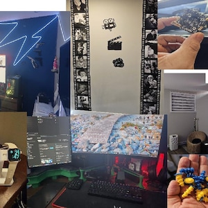 May include: A collage of images featuring a home office setup with multiple computer monitors, a smartphone and smartwatch on a stand, and a decorative E.T. figurine. Other images include a circuit board, a projector, and a film strip.