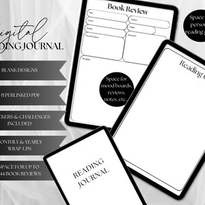 Könnte beinhalten: Ein digitales Lesetagebuch mit schwarz-weißem Design. Das Tagebuch enthält leere Designs, ein verlinktes PDF, Tracker und Herausforderungen, monatliche und jährliche Zusammenfassungen sowie Platz für bis zu 144 Buchrezensionen.
