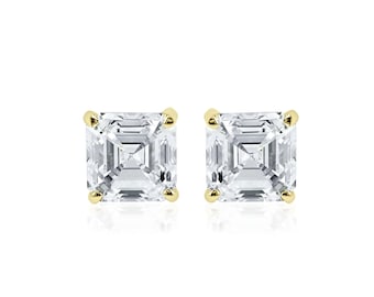 IGI Certified 2Ct Asscher Cut Lab Grown Diamond Studs: 18K Yellow Gold