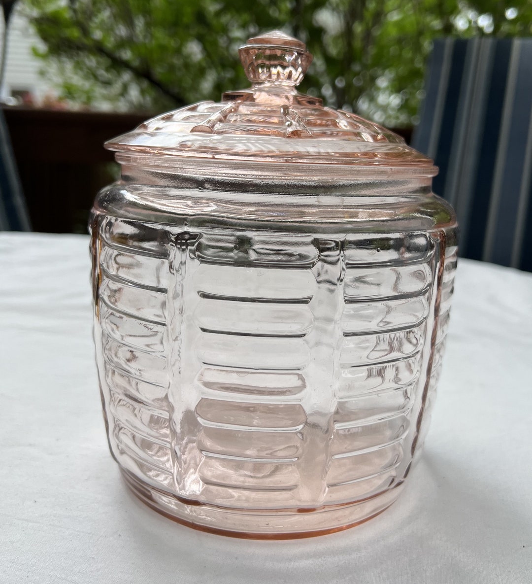 Vintage Pink Depression Glass Biscuit Jar in the Block Optic Pattern